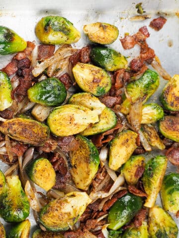 bacon brussel sprouts on baking sheet