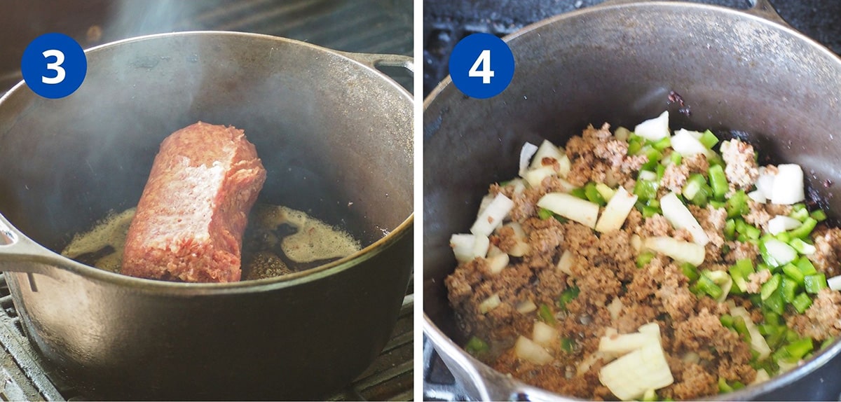 breakfast sausage cooking in pot and then adding green peppers onions to cook
