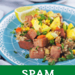spam fried rice on light blue plate