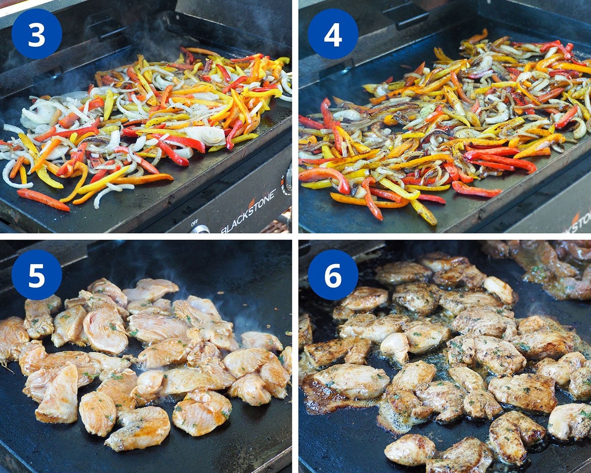 cook vegetables and meat on griddle
