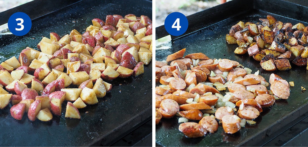 Process picture of cooking the potatoes and sausage on griddle.