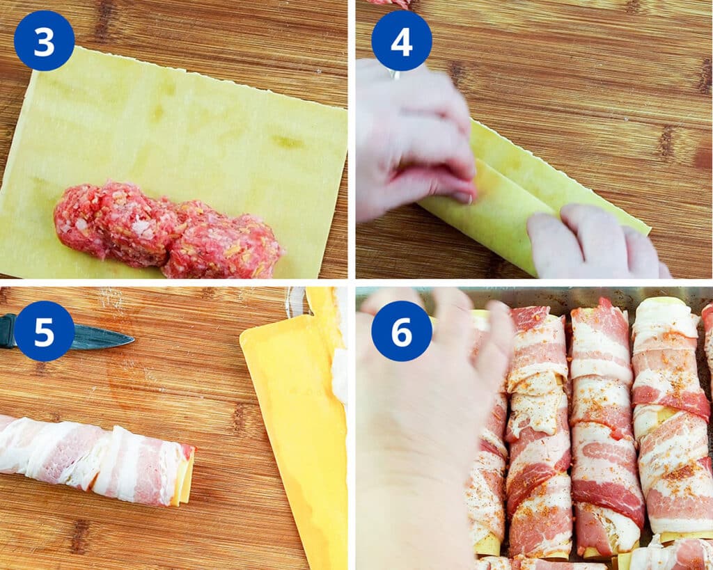 Assemble the shells by putting the meat in, rolling, and then wrapping with bacon.