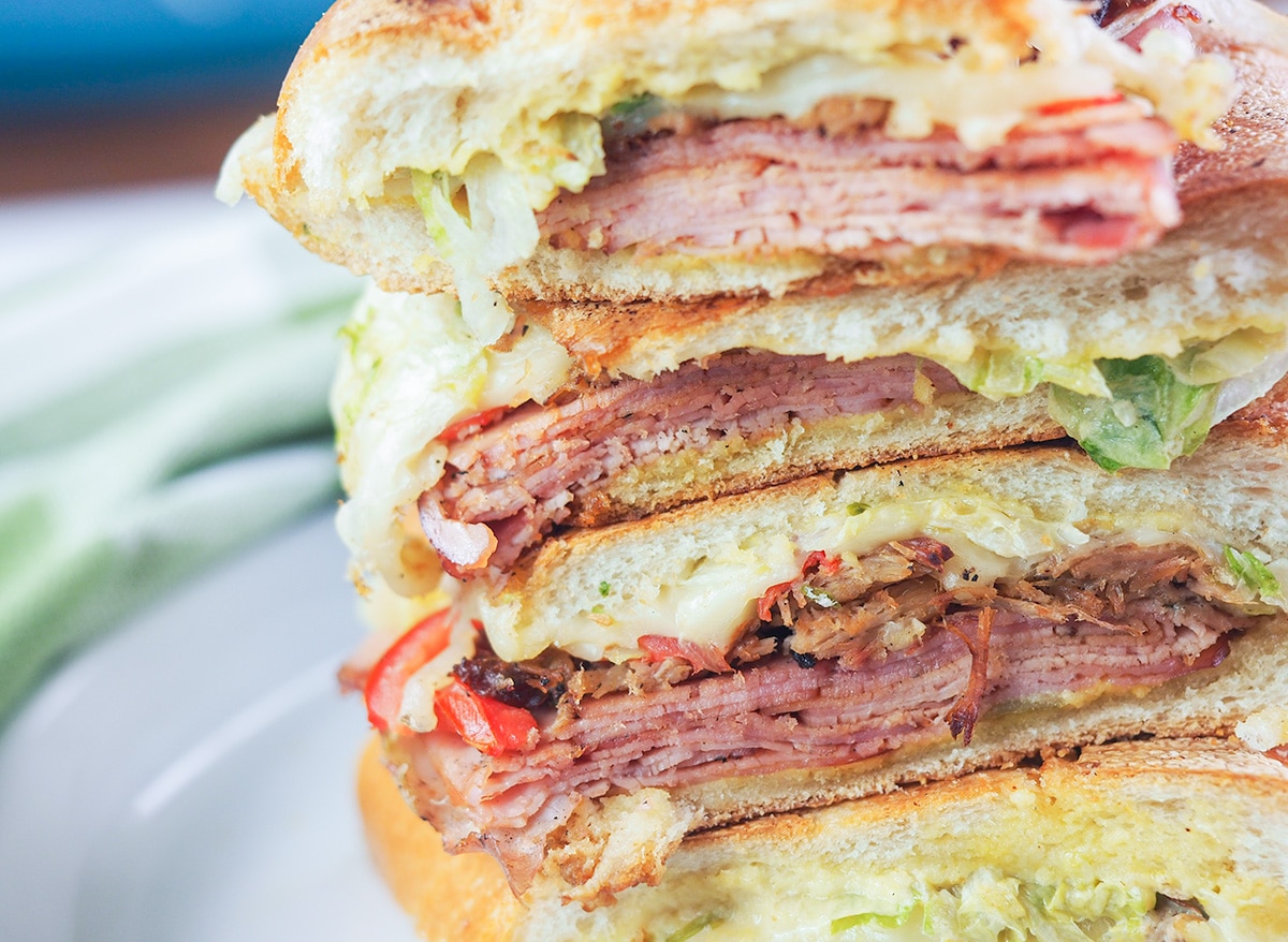 close up of stacked cuban sandwiches