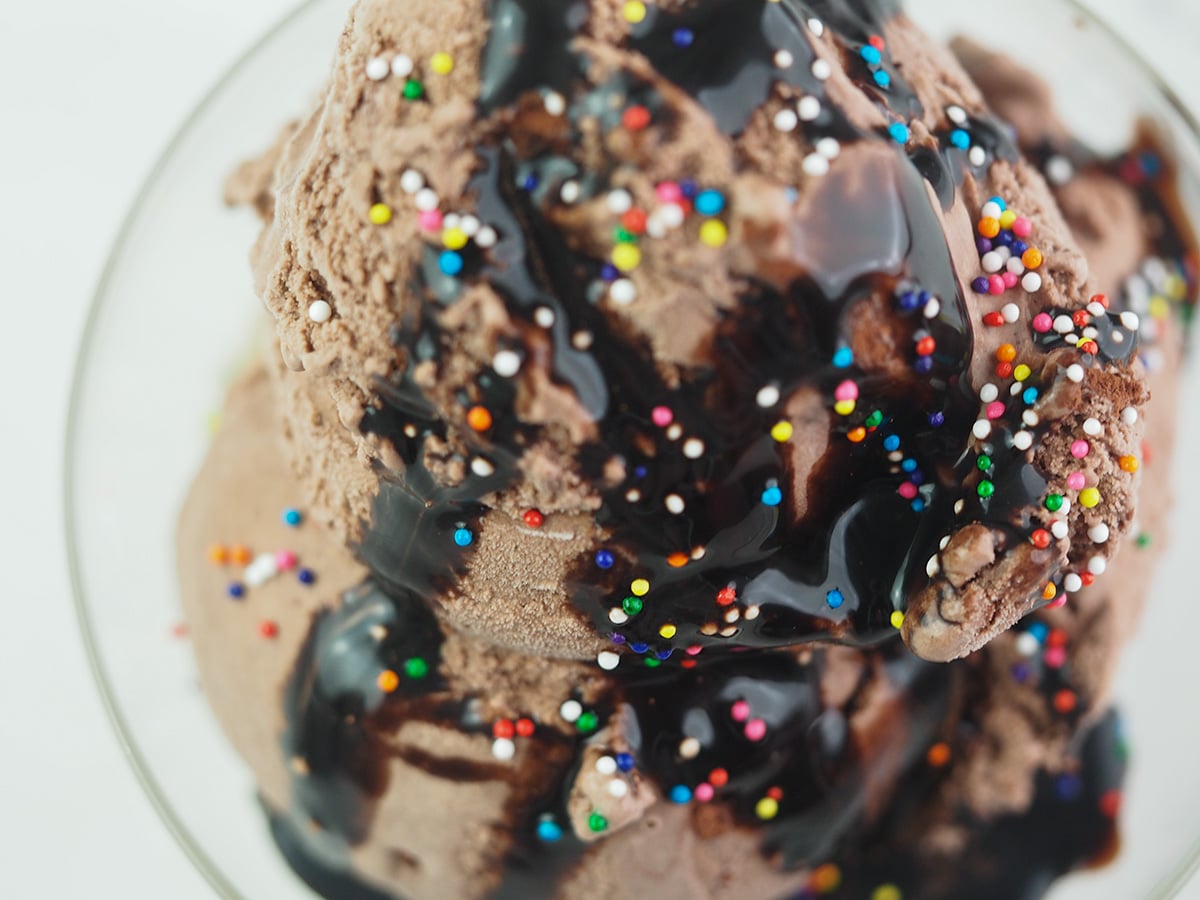 overhead view of chocolate ice cream