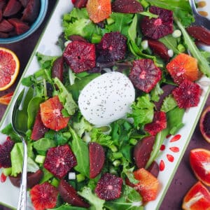 Mixed greens with blood oranges, beets, and burrata cheese.