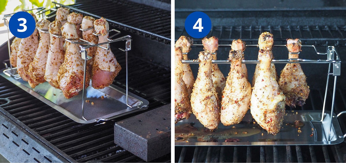 Cook chicken legs on grill and set up grill for cooking.